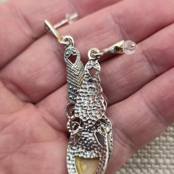 Sterling Silver Worn Shell Long Rustic Dangle Earrings A5228 - Picture 3 of 5